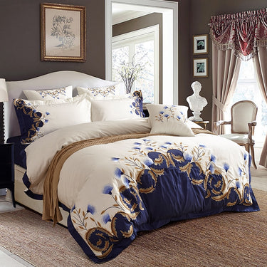 Luxury White Navy Blue Nature Flower Europe Embroidered Duvet Cover, 600TC Egyptian Cotton Bedding Set